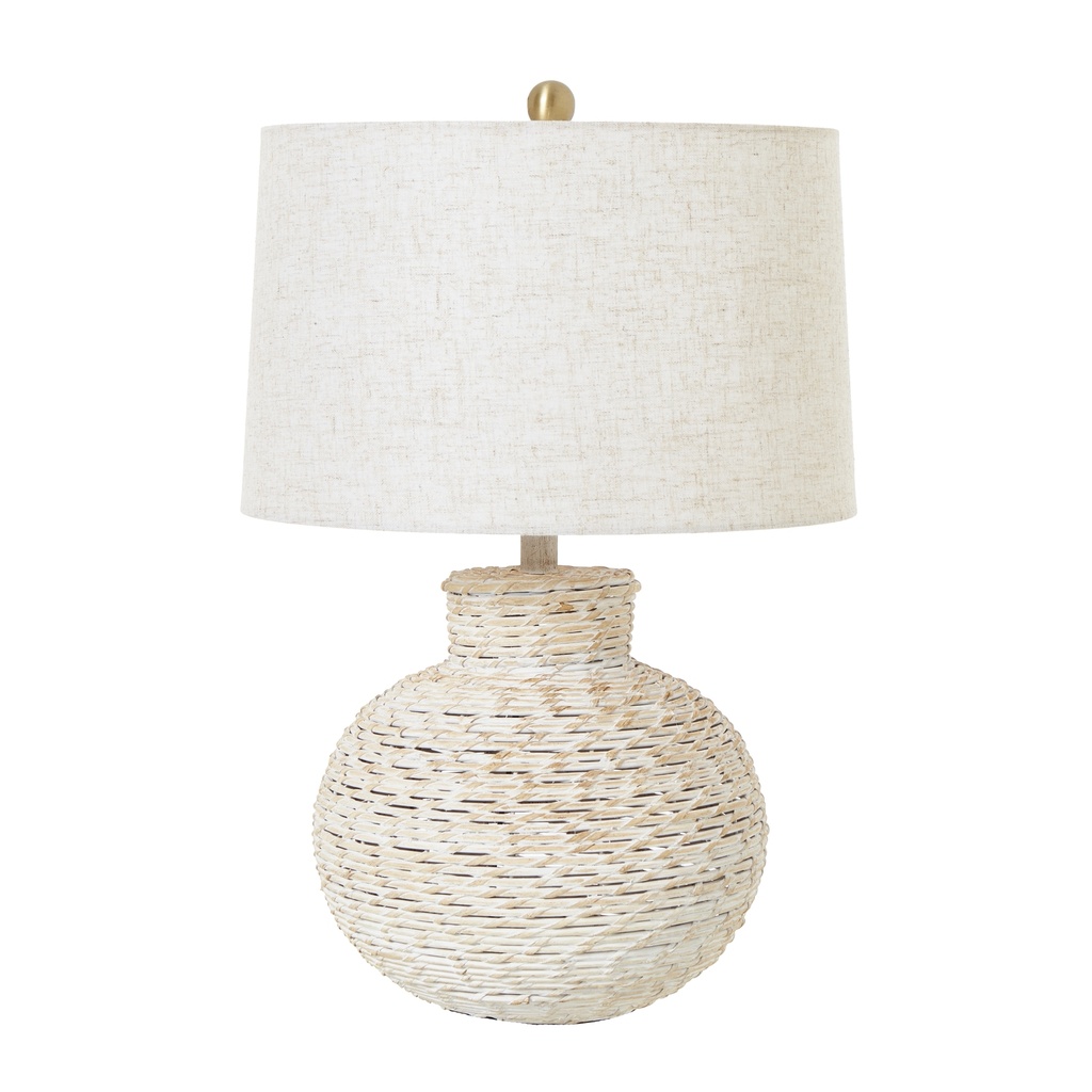 [23726] White Wash Bulbous Wicker Table Lamp With Linen Shade