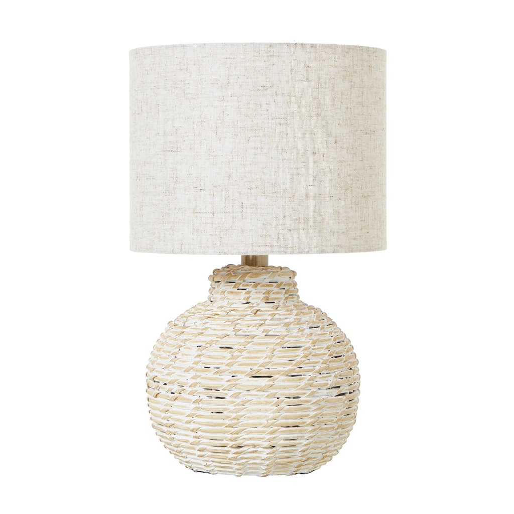 [23727] White Wash Small Bulbous Wicker Table Lamp With Linen Shade