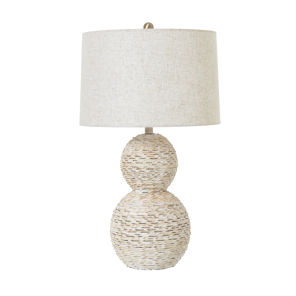 [23725] White Wash Wicker Globe Table Lamp With Linen Shade