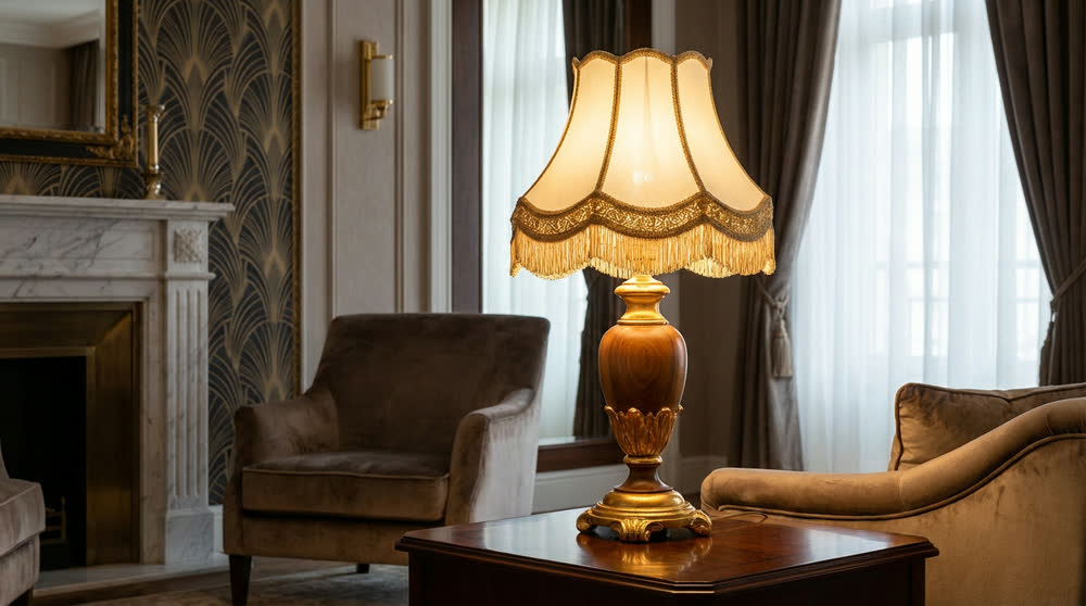 IMPERIALE 75 — lampada da tavolo in legno sagomato con passamaneria