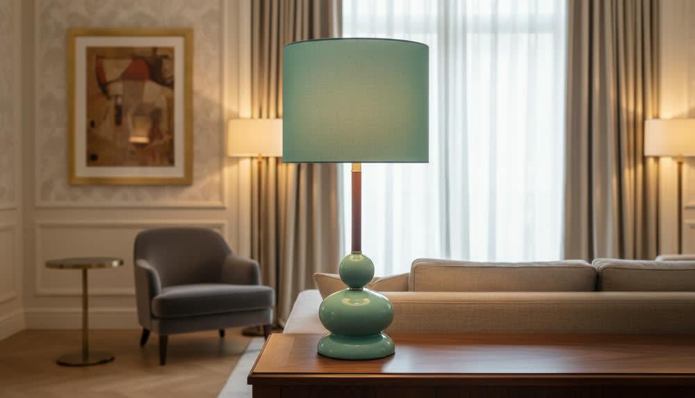 CONCHIGLIA 100 — lampada in ceramica verde acqua e legno di noce